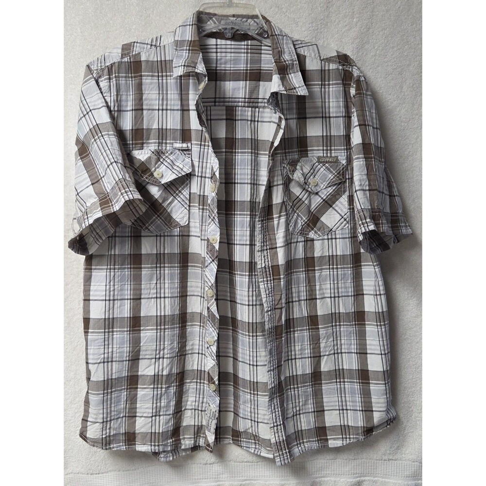 Gramicci Mens XL Plaid Button Down Shirt Short Sleeve Brown White Organic Cotton